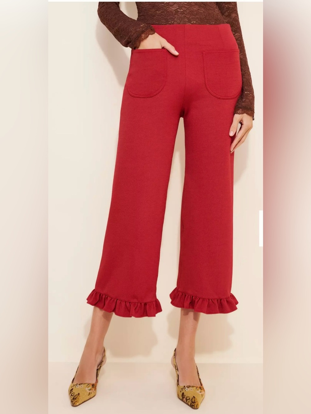 Anthropologie Maeve The Colette Ruffle-Hem Wide-Leg Pants red velvet size 31